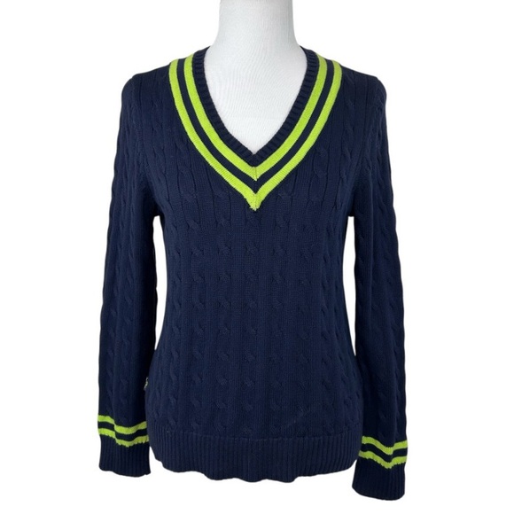 RALPH LAUREN Vintage Navy Blue V-Neck Cable Knit Tennis Sweater Women Size Large - Picture 13 of 13